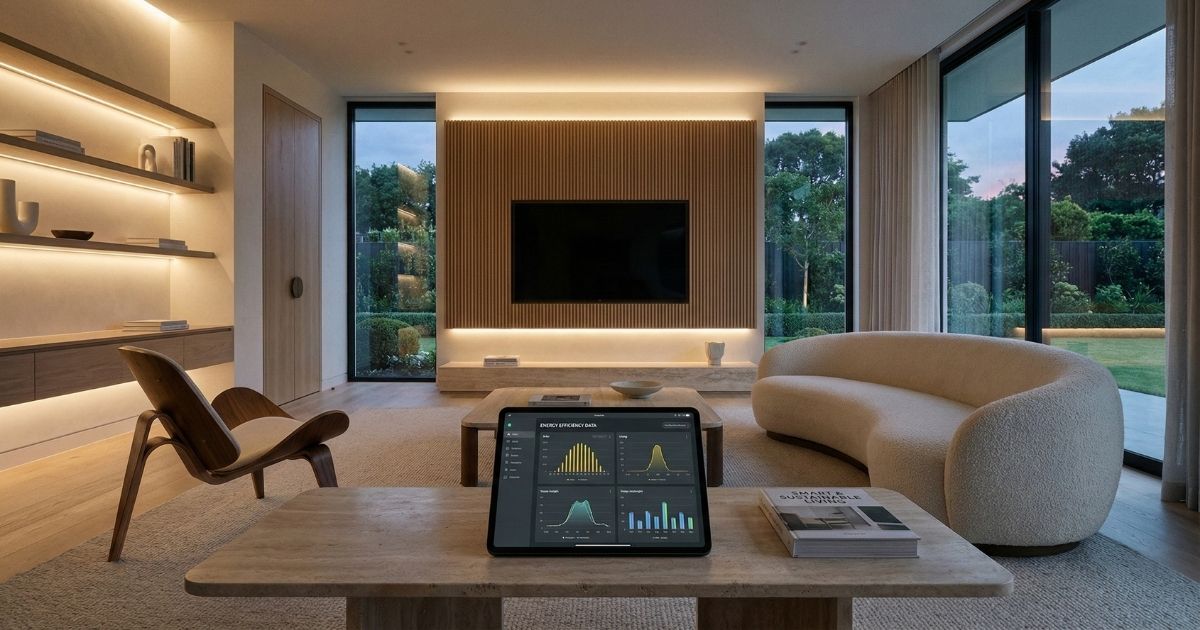 Sala de estar moderna com automação como diferencial residencial integrada e dados de eficiência energética.