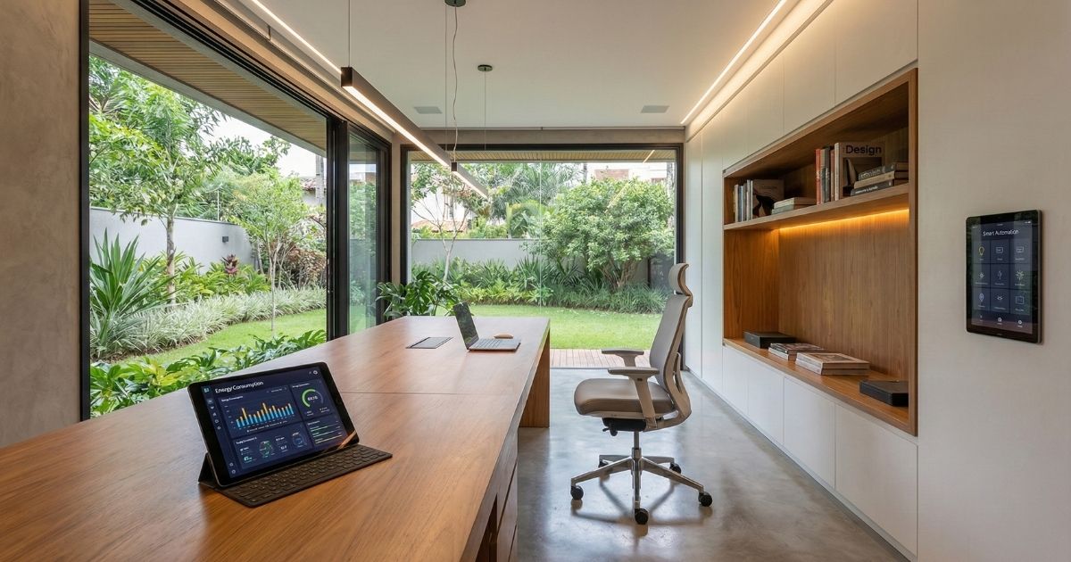 Home office moderno com automação residencial e controle de energia via tablet.
