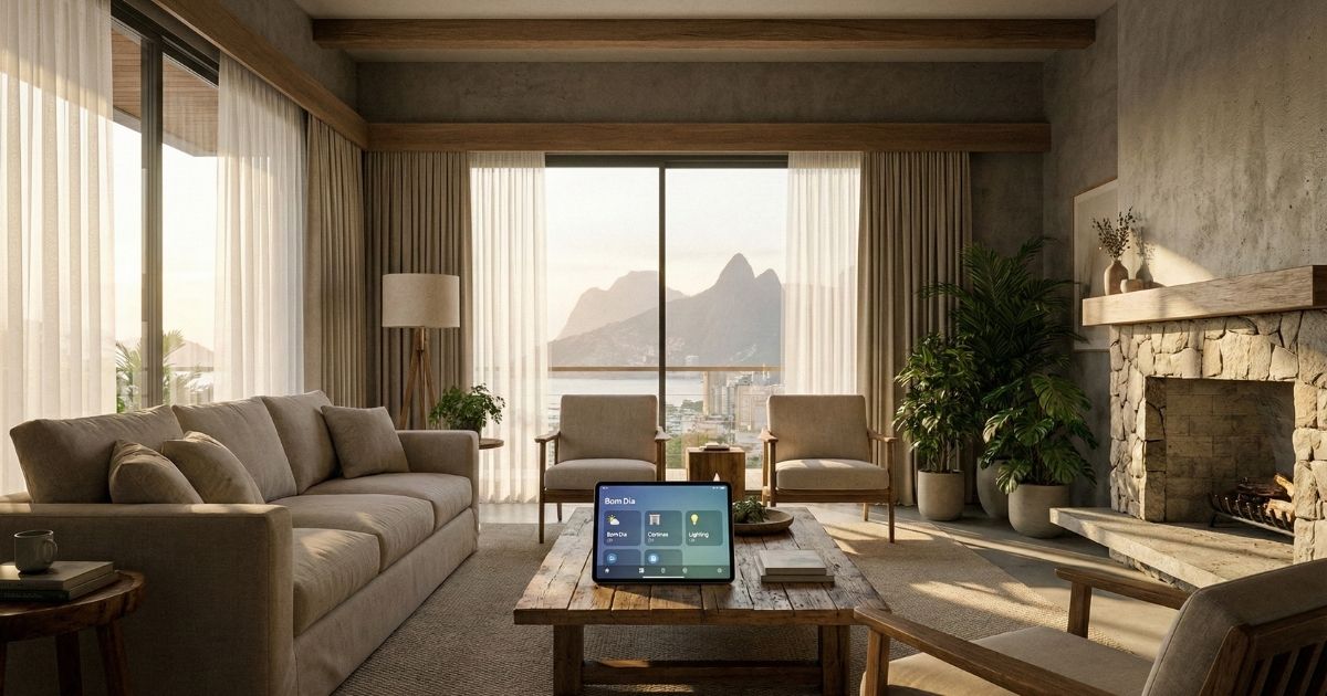 Sala de estar brasileira moderna com automação de cortinas e iluminação ao amanhecer.