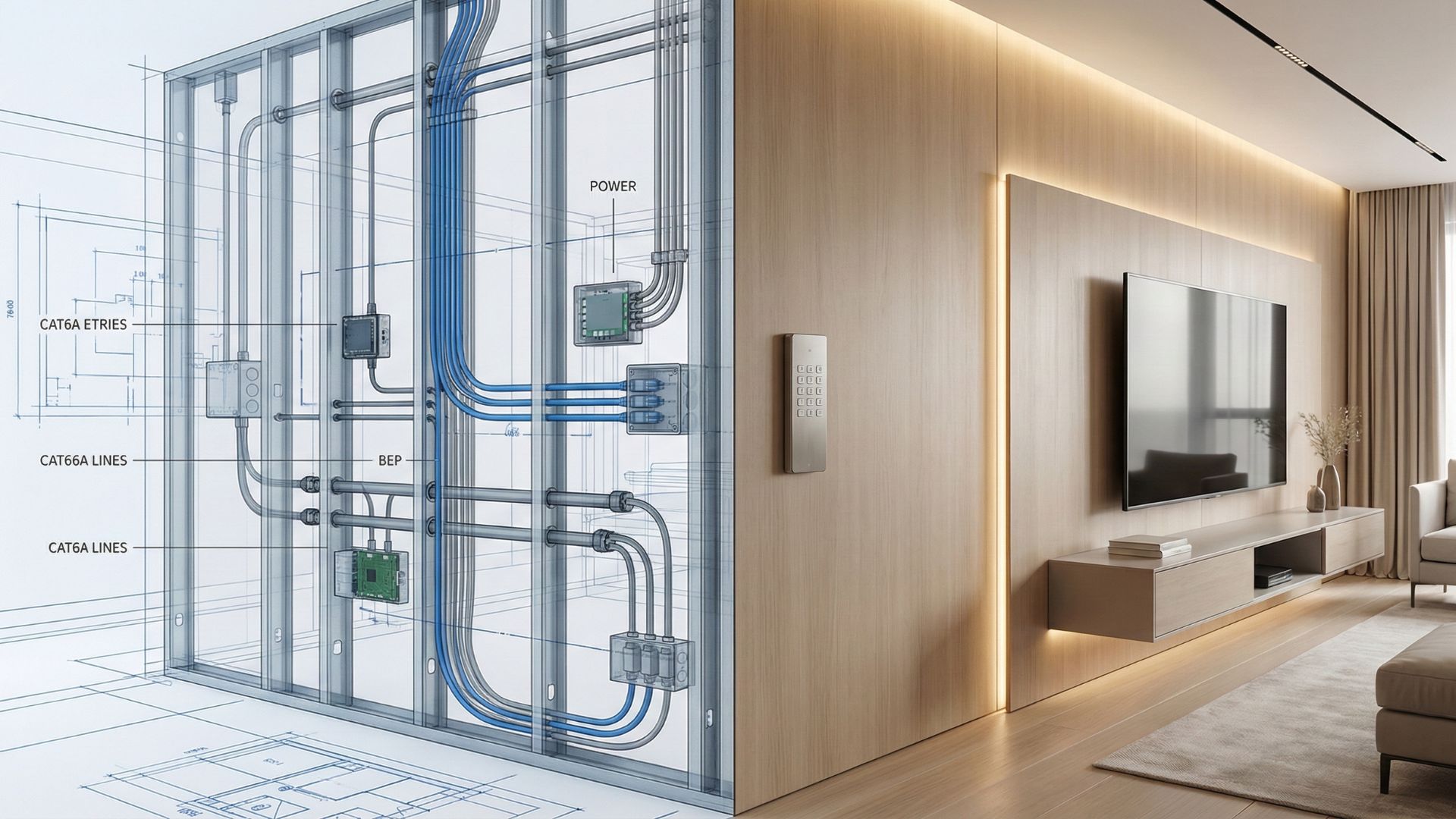 Fundamentos da Automação. Estúdio de arquitetura com plantas e tablet exibindo esquemas de casa inteligente.